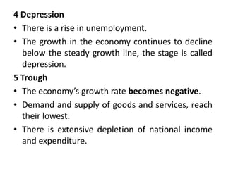 4 Depression
• There is a rise in unemployment.
• The growth in the economy continues to decline
below the steady growth line, the stage is called
depression.
5 Trough
• The economy’s growth rate becomes negative.
• Demand and supply of goods and services, reach
their lowest.
• There is extensive depletion of national income
and expenditure.
 