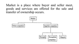 Market is a place where buyer and seller meet,
goods and services are offered for the sale and
transfer of ownership occurs.
 