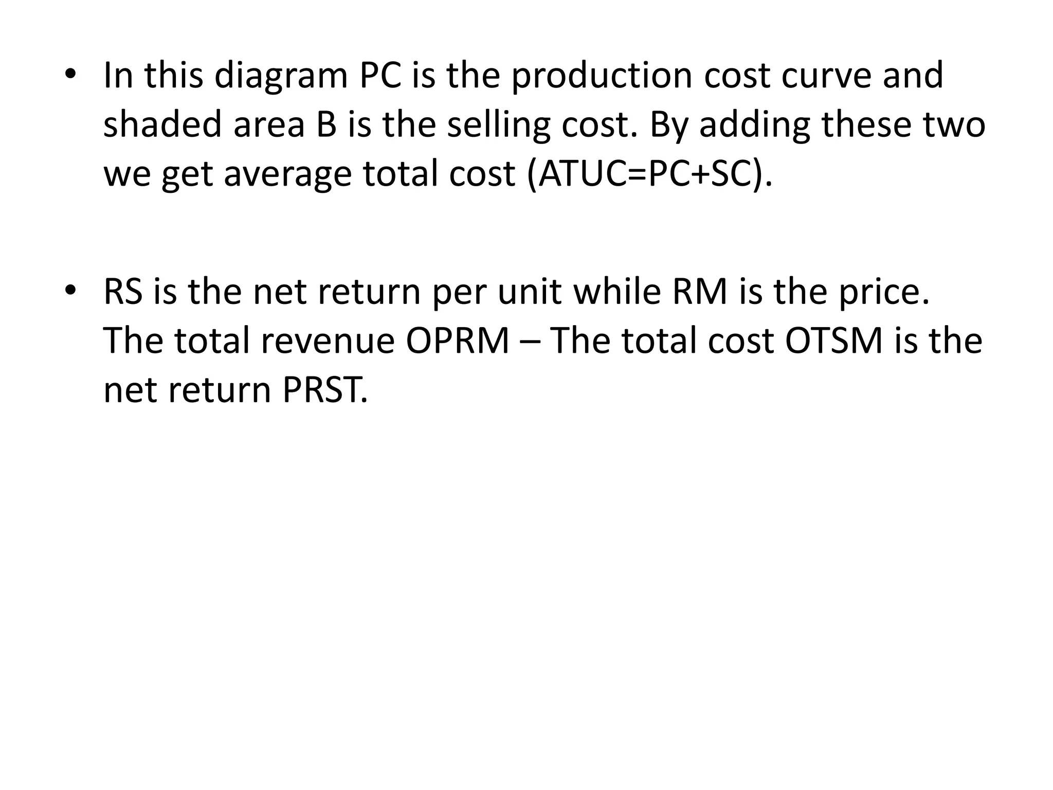 • In this diagram PC is the production cost curve and
shaded area B is the selling cost. By adding these two
we get average total cost (ATUC=PC+SC).
• RS is the net return per unit while RM is the price.
The total revenue OPRM – The total cost OTSM is the
net return PRST.
 