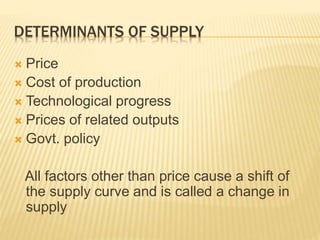 DETERMINANTS OF SUPPLY
 Price
 Cost of production
 Technological progress
 Prices of related outputs
 Govt. policy
All factors other than price cause a shift of
the supply curve and is called a change in
supply
 