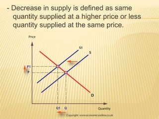 - Decrease in supply is defined as same
quantity supplied at a higher price or less
quantity supplied at the same price.
 