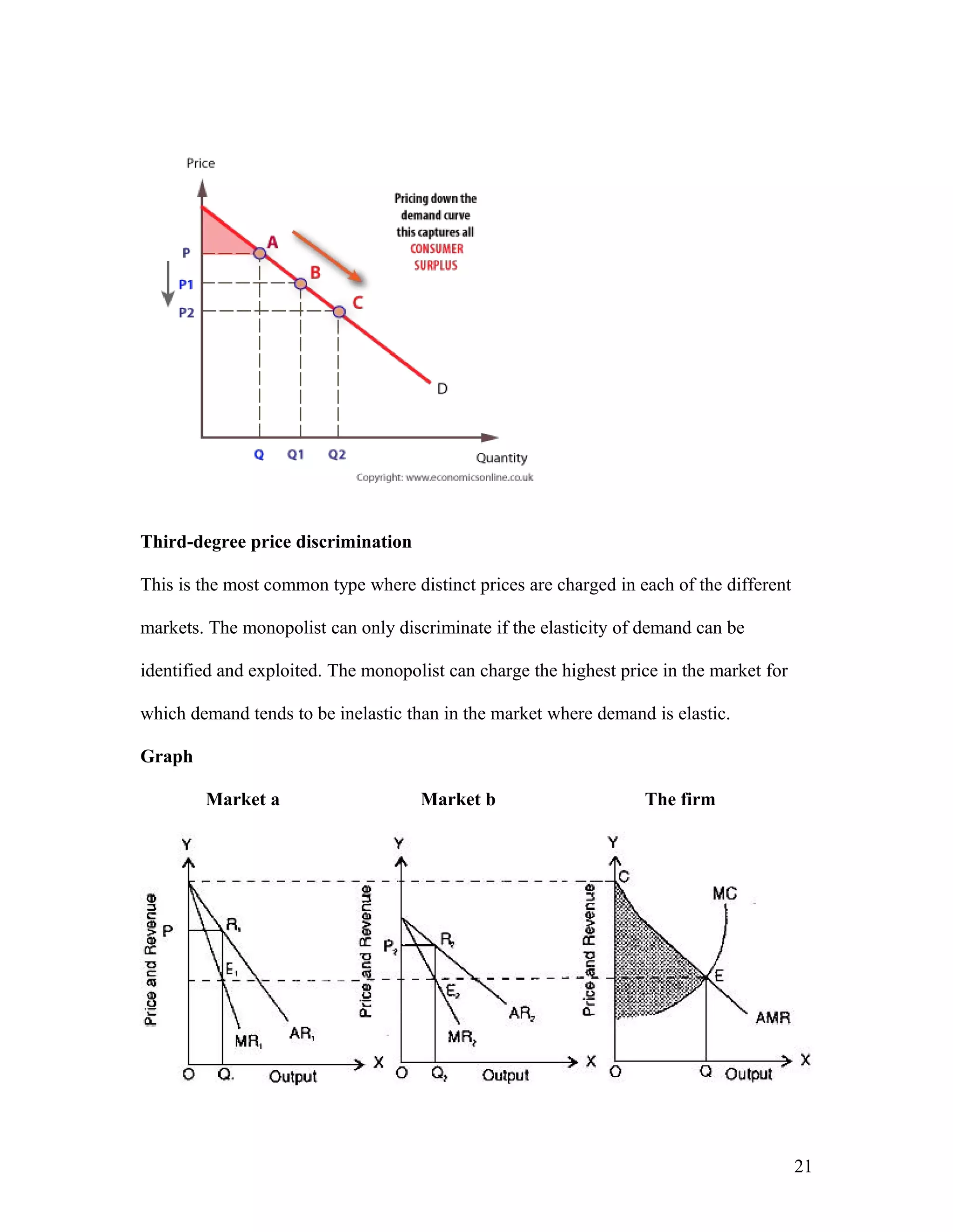 Third-degree price discrimination
This is the most common type where distinct prices are charged in each of the different
markets. The monopolist can only discriminate if the elasticity of demand can be
identified and exploited. The monopolist can charge the highest price in the market for
which demand tends to be inelastic than in the market where demand is elastic.
Graph
Market a

Market b

The firm

21

 