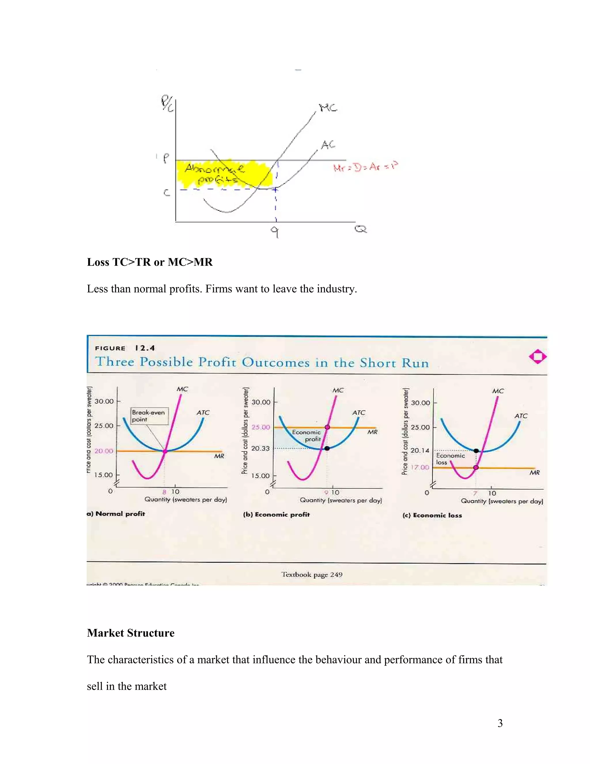Loss TC>TR or MC>MR
Less than normal profits. Firms want to leave the industry.

Market Structure
The characteristics of a market that influence the behaviour and performance of firms that
sell in the market
3

 