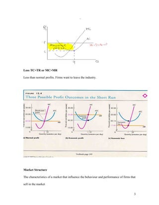Loss TC>TR or MC>MR
Less than normal profits. Firms want to leave the industry.

Market Structure
The characteristics of a market that influence the behaviour and performance of firms that
sell in the market
3

 