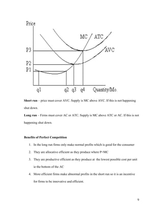 Short run – price must cover AVC. Supply is MC above AVC. If this is not happening
shut down.
Long run – Firms must cover AC or ATC. Supply is MC above ATC or AC. If this is not
happening shut down.

Benefits of Perfect Competition
1. In the long run firms only make normal profits which is good for the consumer
2. They are allocative efficient as they produce where P=MC
3. They are productive efficient as they produce at the lowest possible cost per unit
ie the bottom of the AC
4. More efficient firms make abnormal profits in the short run so it is an incentive
for firms to be innovative and efficient.

9

 