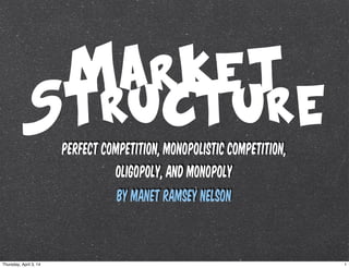 Market
Structure
PERFECT COMPETITION, MONOPOLISTIC COMPETITION,
OLIGOPOLY, AND MONOPOLY
By Manet Ramsey Nelson
1Thursday, April 3, 14
 