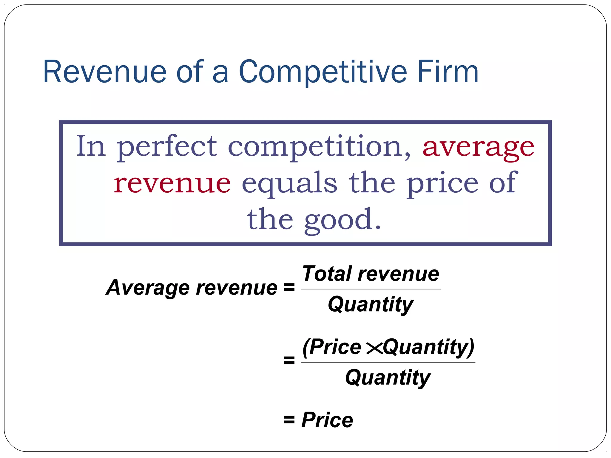Revenue of a Competitive Firm
In perfect competition, average
revenue equals the price of
the good.
Average revenue =
Total revenue
Quantity
=
(Price Quantity)
Quantity
= Price
×
 