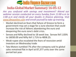 India-Global Market Summary 16-05-12
Are you confused with savings and investment? Attend our
webinar session conducted on every Sunday from 11:00 a.m to
1:00 p.m and clarify all your doubts in finance planning. Visit
www.ifmaonline.com and enroll yourself to take up training.
• Market declined on fears that failure of Greece to form a
   government may set a stage for a June election that could
   increase the risk of Athens abandoning the euro and
   deepening the euro zone's debt crisis.
• Sensex and Nifty declined to 18 week low. Sensex fell 1.83%
   to 16030.09 and Nifty fell 1.71% to 4858.25.
• Weak rupee also escalated the fears of recession amid
   investors on Wednesday trade
• Tata Motors tumbled 7% after the company said its global
   sales remained flat in April at 87,377 units over the same
   period last year.
 