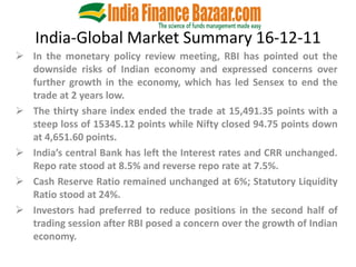 India-Global Market Summary 16-12-11
 In the monetary policy review meeting, RBI has pointed out the
  downside risks of Indian economy and expressed concerns over
  further growth in the economy, which has led Sensex to end the
  trade at 2 years low.
 The thirty share index ended the trade at 15,491.35 points with a
  steep loss of 15345.12 points while Nifty closed 94.75 points down
  at 4,651.60 points.
 India’s central Bank has left the Interest rates and CRR unchanged.
  Repo rate stood at 8.5% and reverse repo rate at 7.5%.
 Cash Reserve Ratio remained unchanged at 6%; Statutory Liquidity
  Ratio stood at 24%.
 Investors had preferred to reduce positions in the second half of
  trading session after RBI posed a concern over the growth of Indian
  economy.
 
