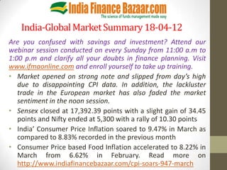 India-Global Market Summary 18-04-12
Are you confused with savings and investment? Attend our
webinar session conducted on every Sunday from 11:00 a.m to
1:00 p.m and clarify all your doubts in finance planning. Visit
www.ifmaonline.com and enroll yourself to take up training.
• Market opened on strong note and slipped from day’s high
   due to disappointing CPI data. In addition, the lackluster
   trade in the European market has also faded the market
   sentiment in the noon session.
• Sensex closed at 17,392.39 points with a slight gain of 34.45
   points and Nifty ended at 5,300 with a rally of 10.30 points
• India’ Consumer Price Inflation soared to 9.47% in March as
   compared to 8.83% recorded in the previous month
• Consumer Price based Food Inflation accelerated to 8.22% in
   March from 6.62% in February. Read more on
   http://www.indiafinancebazaar.com/cpi-soars-947-march
 