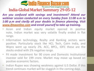 India-Global Market Summary 29-05-12
Are you confused with savings and investment? Attend our
webinar session conducted on every Sunday from 11:00 a.m to
1:00 p.m and clarify all your doubts in finance planning. Visit
www.ifmaonline.com and enroll yourself to take up training.
• Asian and Indian equity market opened in positive
   note, Indian market was very volatile finally ended in flat
   range.
• Information technology, Realty and Banking sectors were
   positive. Particularly stock like HCL Tech, Cairn India, and
   Wipro went up nearly 2%. ACC, BPCL, IDFC these are the
   stocks ended with 2% negative range.
• FII made investment for 90 crore and Domestic Institutional
   investor sold for 199 crore. Market may move up based on
   positive economic factors.
• Indian Rupee was showing weakness against U.S Dollar. If this
   trend continues market will be sluggish in the coming days.
 