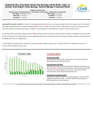 January 2021 is a Seller's market! The number of for sale listings was down 52.4% from one year earlier and down 12% from the previous month. The number of
sold listings increased 63.2% year over year and decreased 25.6% month over month. The number of under contract listings was up 41.2% compared to previous
month and up 207.6% compared to previous year. The Months of Inventory based on Closed Sales is 2.4, down 70.1% from the previous year.
The Average Sold Price per Square Footage was down 10.8% compared to previous month and up 10.4% compared to last year. The Median Sold Price increased
by 3.9% from last month. The Average Sold Price also decreased by 9% from last month. Based on the 6 month trend, the Average Sold Price trend is "Neutral" and
the Median Sold Price trend is "Appreciating".
The Average Days on Market showed a neutral trend, a decrease of 33% compared to previous year. The ratio of Sold Price vs. Original List Price is 95%, an
increase of 4.4% compared to previous year.
Cathedral City, Coachella, Desert Hot Springs, Indian Wells, Indio, La
Quinta, Palm Desert, Palm Springs, Rancho Mirage, Thousand Palms
Published: February 2021*
Property Types: All Residential Prop - All Properties - All Properties - All Properties - All Properties
Price Range: $750,000 - No Limit SQFT Range: 0 - No Limit
Bedrooms: 0 - No Limit Full Baths: 0 - No Limit
Half Baths: 0 - No Limit Year Built: 0 - No Limit
It is a Seller's Market
Property Sales (Sold)
January property sales were 186, up 63.2% from 114 in January of 2020 and
25.6% lower than the 250 sales last month.
Current Inventory (For Sale)
Versus last year, the total number of properties available this month is lower by
486 units of 52.4%. This year's smaller inventory means that buyers who waited
to buy may have smaller selection to choose from. The number of current
inventory is down 12% compared to the previous month.
Property Under Contract (Pended)
There was an increase of 41.2% in the pended properties in January, with 363
properties versus 257 last month. This month's pended property sales were
207.6% higher than at this time last year.
All reports are published February 2021, based on data available at the end of January 2021, except for the today’s stats. All reports presented are based on data supplied by the Desert Area MLS. Neither the Association nor its MLS guarantees or is in anyway
responsible for its accuracy. Data maintained by the Association or its MLSs may not reflect all real estate activities in the market. Information deemed reliable but not guaranteed.
 