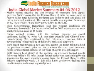 India-Global Market Summary 04-06-2012
• Market opened negative and later reversed on comments from deputy
  governor Subir Gokarn that the Reserve Bank of India has some room to
  reduce policy rates following moderate core inflation and soft global oil
  prices improved sentiment. The market breadth was negative. Sensex up
  by 0.27% to 16008.74 and Nifty up by 0.31% to 4856.45.
• India Meteorological Department said that weather conditions are
  "becoming favourable" for the arrival of India's 2012 monsoon rains over
  southern Kerala coast in 48 hours.
• Rupee opened weaker, with the outlook negative as global
  sentiment, fuelled by weak U.S. non-farm payrolls and Chinese non-
  manufacturing PMI, continued to hurt risk assets. However, later it
  advanced due to huge selling of dollars by banks and corporates
• Euro edged back towards a two-year low against the dollar, failing to hold
  the previous session's gains as concerns over the euro zone overcame
  hopes for more fiscal stimulus in the wake of a grim U.S. jobs report
• Gold futures held steady at the opening, as investors booked profits
  following Friday's 4% rally, though further upside was seen amid growing
  speculation for more monetary easing from the Federal Reserve after
  Friday's surprisingly weak U.S. jobs data. Later, gold prices declined due
  to a firm rupee and a drop in global prices
 