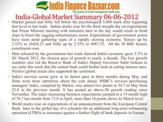 India-Global Market Summary 06-06-2012
• Market gained and Nifty fell below the psychological 5,000 mark after regaining
  that level in late trade. Indian stocks rose for the third straight day on expectations
  that Prime Minister meeting with ministers later in the day would result in fresh
  steps to boost the sagging infrastructure sector. Expectations of government action
  have risen amid gathering signs of a rapidly slowing economy. Sensex up by
  2.52% to 16424.21 and Nifty up by 2.55% to 4987.35. All the 30 BSE Sensex
  constituents rose.
• Data released by the government last week showed India's economy grew 5.3% in
  Q1 March 2012, the slowest pace of growth in nearly a decade. The low growth
  numbers also led the Reserve Bank of India's Deputy Governor Subir Gokarn to
  say early this week that the central bank could further look at cutting interest rates.
  Positive global stocks also supported the sentiment.
• India's services sector grew at its fastest pace in three months during May, and
  firms were more optimistic about the year ahead. HSBC's services purchasing
  managers' index, compiled by Markit, rose almost two points to 54.7 in May from
  52.8 in the previous month. It has posted an above-50 growth reading since
  November. The index measuring business expectations jumped to a 15-month high
  of 76.7 last month from 73.8 in April, more than 14 points above its March level.
• World stocks rose on expectations of an announcement from the European Central
  Bank later in the global day of a schedule for an additional long-term refinancing
  operation (LTRO) as insurance against a further flight of bank deposits in Europe.
 