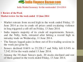 India MarketSummary fortheweekended 13-6-2014
I Review of the Week
Market review for the week ended 13 June 2014
• Market retreats from record high in the week ended Friday, 13
June 2014 as rise in crude oil prices amid escalating violence
in Iraq triggered a sell-off on Friday, 13 June 2014.
• India imports majority of its crude oil requirements. Sensex,
and the Nifty, both, retreated after hitting a record high in
intraday trade on Wednesday, 11 June 2014.
• The Sensex logged gains in three out of five trading sessions in
the week just gone by.
• Sensex declined 0.66% to 25,228.17 and Nifty fell 0.54% to
7,542.10 for the week ended 13 June 2014.
• Among the 30-share Sensex pack, 20 stocks declined and rest
of them gained in the week ended Friday, 13 June 2014.
 