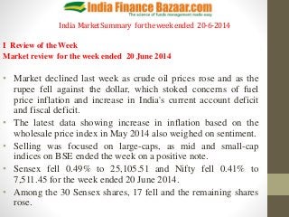 India MarketSummary fortheweekended 20-6-2014
I Review of the Week
Market review for the week ended 20 June 2014
• Market declined last week as crude oil prices rose and as the
rupee fell against the dollar, which stoked concerns of fuel
price inflation and increase in India's current account deficit
and fiscal deficit.
• The latest data showing increase in inflation based on the
wholesale price index in May 2014 also weighed on sentiment.
• Selling was focused on large-caps, as mid and small-cap
indices on BSE ended the week on a positive note.
• Sensex fell 0.49% to 25,105.51 and Nifty fell 0.41% to
7,511.45 for the week ended 20 June 2014.
• Among the 30 Sensex shares, 17 fell and the remaining shares
rose.
 
