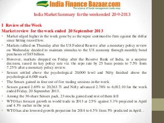 India MarketSummary fortheweekended 20-9-2013
I Review of the Week
Market review for the week ended 20 September 2013
• Market edged higher in the week gone by as the rupee continued to firm against the dollar
since hitting record low.
• Markets rallied on Thursday after the US Federal Reserve after a monetary policy review
on Wednesday decided to maintain stimulus to the US economy through monthly bond
purchases of $85 billion.
• However, markets dropped on Friday after the Reserve Bank of India, in a surprise
decision, raised its key policy rate viz. the repo rate by 25 basis points to 7.5% from
7.25% after a monetary policy review.
• Sensex settled above the psychological 20,000 level and Nifty finished above the
psychological 6,000 mark.
• The Sensex gained in four out of five trading sessions in the week.
• Sensex gained 2.69% to 20,263.71 and Nifty advanced 2.76% to 6,012.10 for the week
ended Friday, 20 September 2013.
• Among the 30-share Sensex pack, 23 stocks gained and rest of them fell
• WTO has forecast growth in world trade in 2013 at 2.5% against 3.3% projected in April
and 4.3% earlier in the year.
• WTO has also lowered growth projection for 2014 to 4.5% from 5% predicted in April. .
 