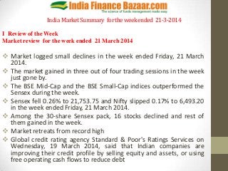 India MarketSummary fortheweekended 21-3-2014
I Review of the Week
Market review for the week ended 21 March 2014
 Market logged small declines in the week ended Friday, 21 March
2014.
 The market gained in three out of four trading sessions in the week
just gone by.
 The BSE Mid-Cap and the BSE Small-Cap indices outperformed the
Sensex during the week.
 Sensex fell 0.26% to 21,753.75 and Nifty slipped 0.17% to 6,493.20
in the week ended Friday, 21 March 2014.
 Among the 30-share Sensex pack, 16 stocks declined and rest of
them gained in the week.
 Market retreats from record high
 Global credit rating agency Standard & Poor's Ratings Services on
Wednesday, 19 March 2014, said that Indian companies are
improving their credit profile by selling equity and assets, or using
free operating cash flows to reduce debt
 