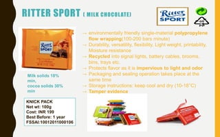RITTER SPORT ( MILK CHOCOLATE)
→ environmentally friendly single-material polypropylene
flow wrapping(100-200 bars minute)
→ Durability, versatility, flexibility, Light weight, printability,
Moisture resistance
→ Recycled into signal lights, battery cables, brooms,
bins, trays etc.
→ Protects flavor as it is impervious to light and odor
→ Packaging and sealing operation takes place at the
same time
→ Storage instructions: keep cool and dry (10-18°C)
→ Tamper evidence
KNICK PACK
Net wt: 100g
Cost: INR 199
Best Before: 1 year
FSSAI:10012011000106
Milk solids 18%
min,
cocoa solids 30%
min
 
