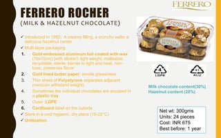 FERRERO ROCHER
(MILK & HAZELNUT CHOCOLATE)
 Introduced In 1982: A creamy filling, a crunchy wafer a
delicious hazelnut center
 Multi-layer packaging
1. Gold embossed aluminum foil coated with wax
(10x10cm) (with sticker): light weight, malleable,
recyclable, sterile, barrier to light and heat, non-
toxic, preserves flavor
2. Gold lined butter paper: avoids greasiness
3. Thin sheet of Polystyrene separates adjacent
rows(can withstand weight)
4. Sometimes the individual chocolates are encased in
a plastic tray
5. Outer :LDPE
6. Cardboard label on the outside
 Store in a cool hygienic, dry place (18-22°C)
 Unitization
Net wt: 300gms
Units: 24 pieces
Cost: INR 675
Best before: 1 year
Milk chocolate content(30%)
Hazelnut content (28%)
 