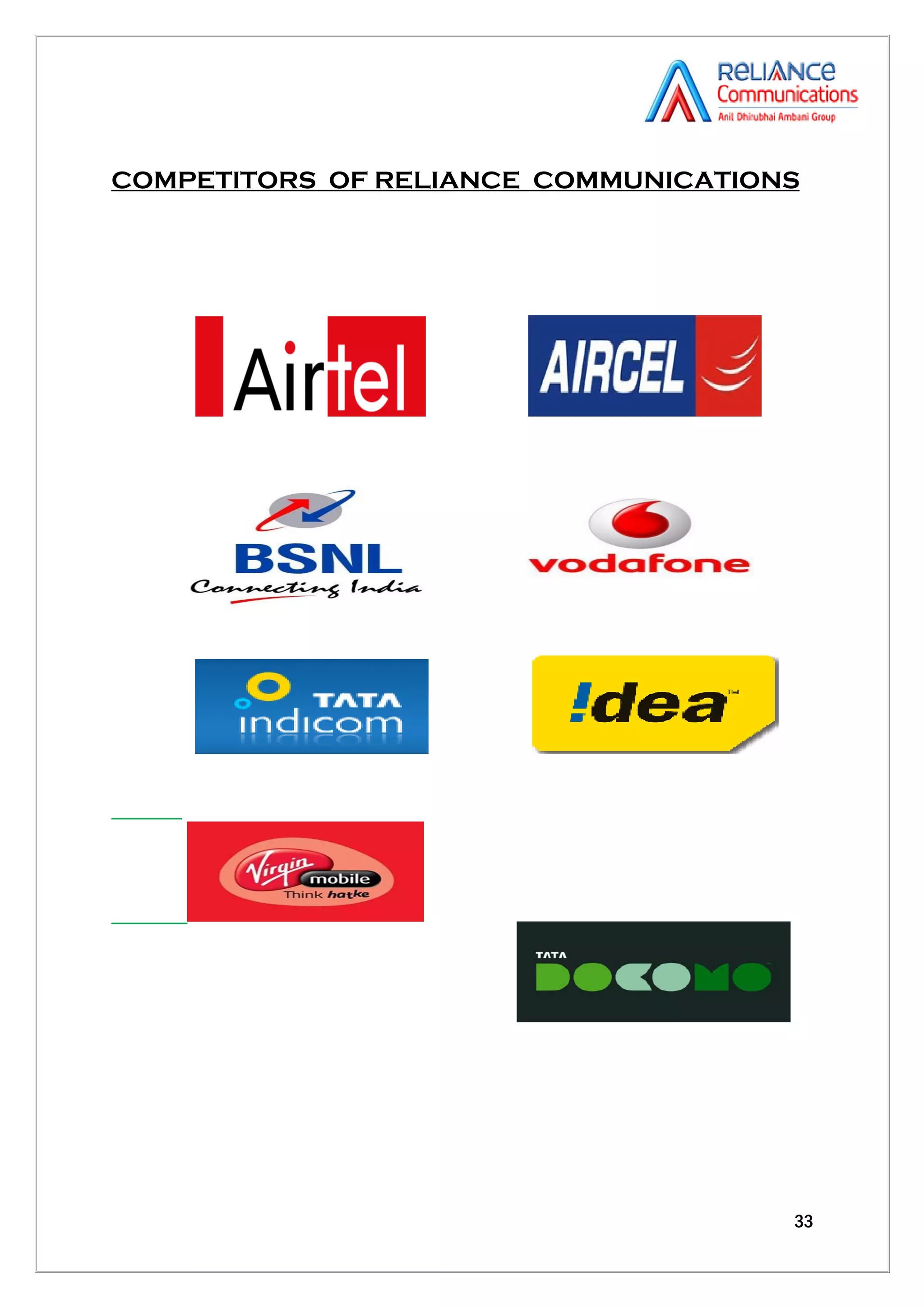 COMPETITORS OF RELIANCE COMMUNICATIONS




                                     33
 