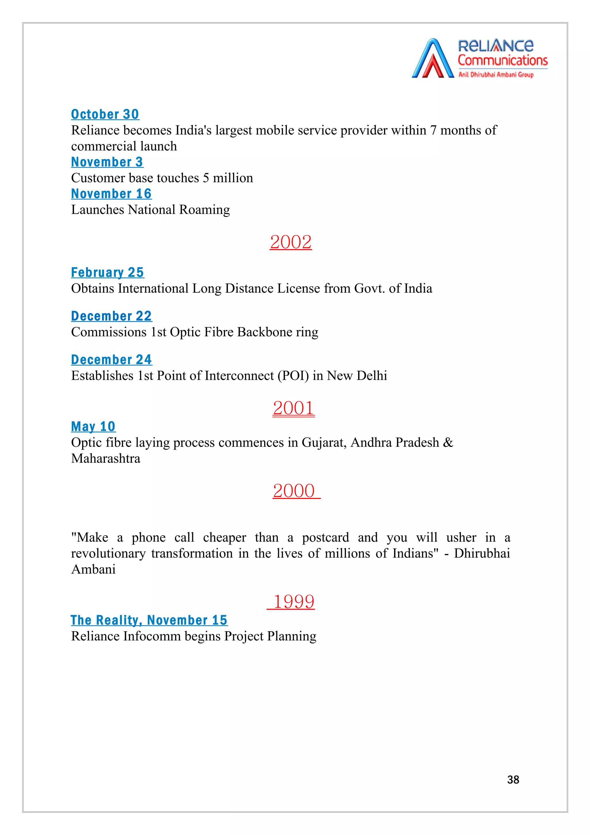 October 30
Reliance becomes India's largest mobile service provider within 7 months of
commercial launch
November 3
Customer base touches 5 million
November 16
Launches National Roaming

                                   2002
February 25
Obtains International Long Distance License from Govt. of India
December 22
Commissions 1st Optic Fibre Backbone ring
December 24
Establishes 1st Point of Interconnect (POI) in New Delhi

                                   2001
May 10
Optic fibre laying process commences in Gujarat, Andhra Pradesh &
Maharashtra

                                   2000

"Make a phone call cheaper than a postcard and you will usher in a
revolutionary transformation in the lives of millions of Indians" - Dhirubhai
Ambani

                                   1999
The Reality, November 15
Reliance Infocomm begins Project Planning




                                                                              38
 