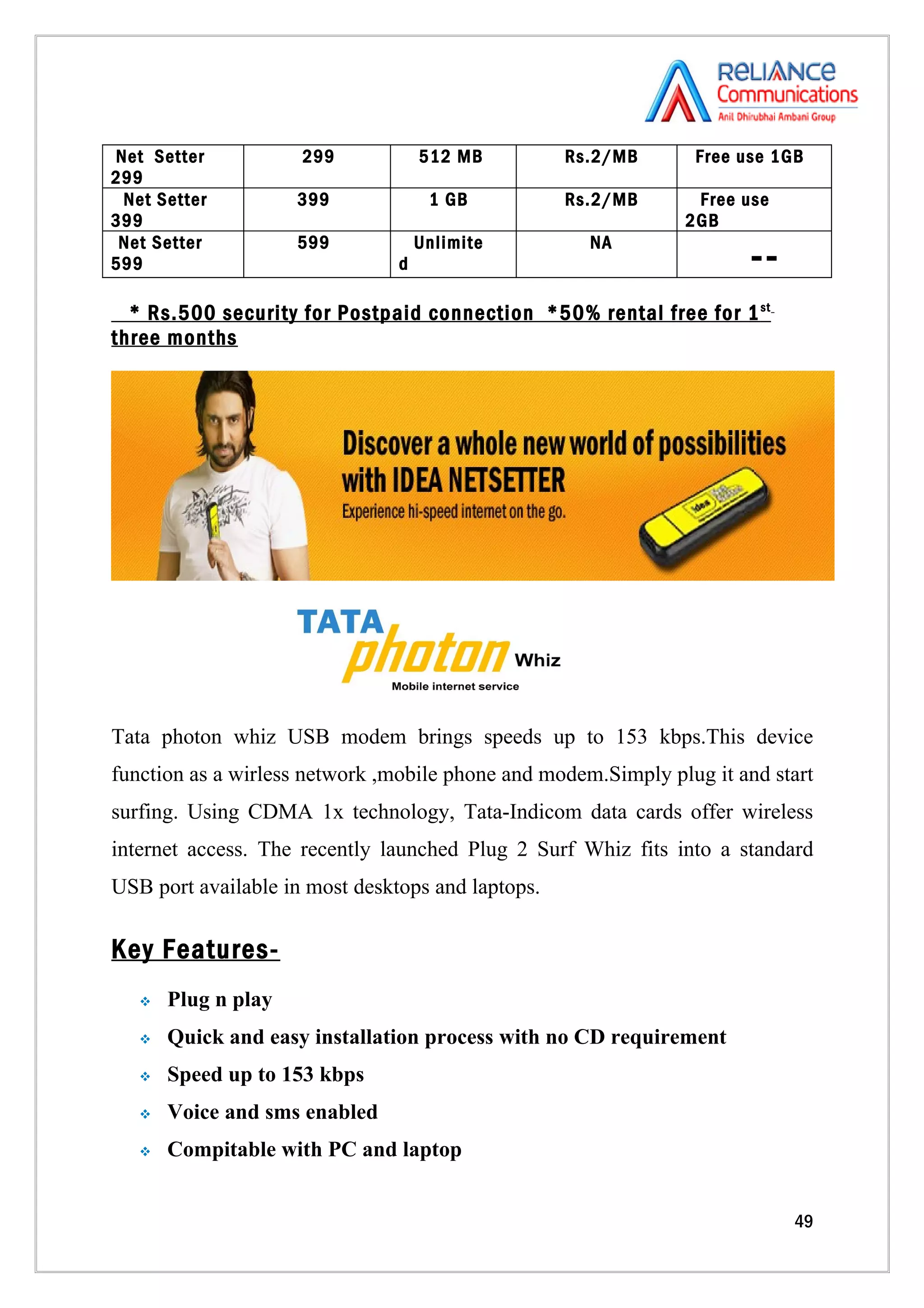 Net Setter           299            512 MB         Rs.2/MB      Free use 1GB
299
 Net Setter          399             1 GB          Rs.2/MB      Free use
399                                                            2GB
 Net Setter          599            Unlimite         NA
599                             d                                      --
  * Rs.500 security for Postpaid connection *50% rental free for 1 st
three months




Tata photon whiz USB modem brings speeds up to 153 kbps.This device
function as a wirless network ,mobile phone and modem.Simply plug it and start
surfing. Using CDMA 1x technology, Tata-Indicom data cards offer wireless
internet access. The recently launched Plug 2 Surf Whiz fits into a standard
USB port available in most desktops and laptops.

Key Features-
      Plug n play
      Quick and easy installation process with no CD requirement
      Speed up to 153 kbps
      Voice and sms enabled
      Compitable with PC and laptop


                                                                            49
 