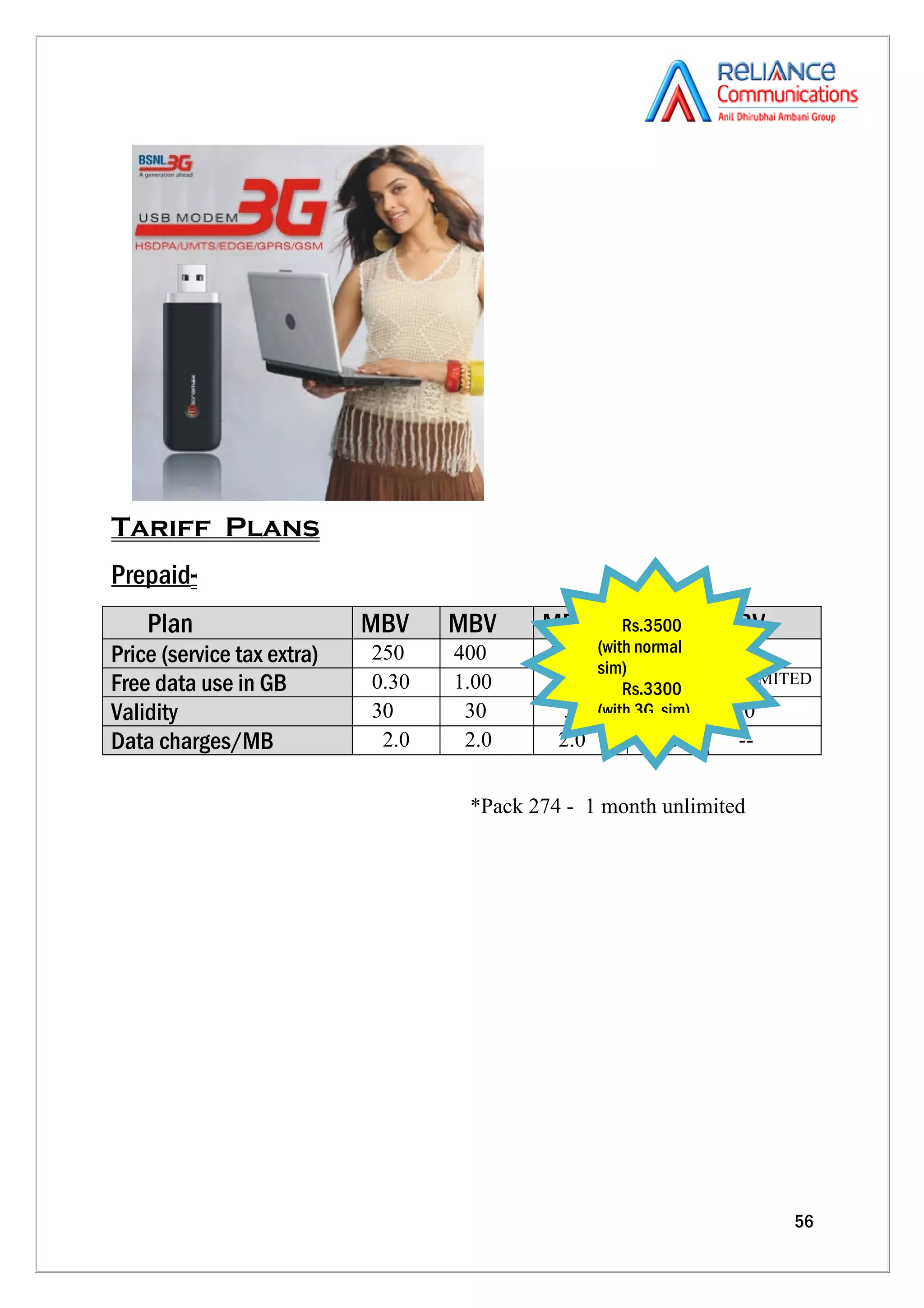 Tariff Plans
Prepaid-
    Plan                    MBV    MBV     MBV         MBV
                                                     Rs.3500     MBV
Price (service tax extra)   250    400      650 (with normal
                                                       1000      3001
                                                 sim)
Free data use in GB         0.30   1.00     2.00        5.00
                                                     Rs.3300
                                                                 UNLIMITED

Validity                    30      30        30 (with 3G30
                                                          sim)    30
Data charges/MB              2.0    2.0      2.0         2.0       --


                                    *Pack 274 - 1 month unlimited




                                                                        56
 