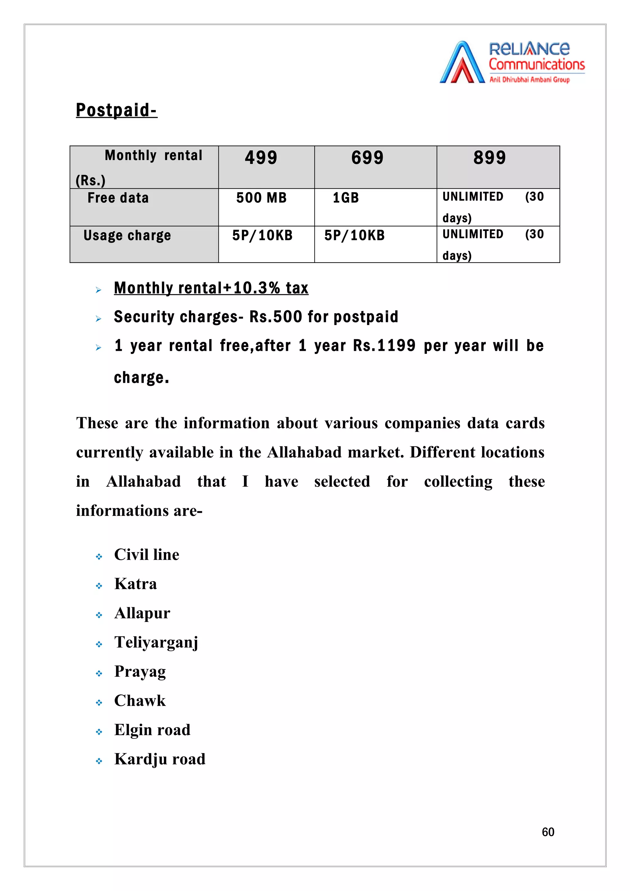 Postpaid-

      Monthly rental    499          699                  899
(Rs.)
  Free data            500 MB      1GB            UNLIMITED     (30
                                                  days)
 Usage charge          5P/10KB    5P/10KB         UNLIMITED     (30
                                                  days)

      Monthly rental+10.3% tax
      Security charges- Rs.500 for postpaid
      1 year rental free,after 1 year Rs.1199 per year will be
       charge .

These are the information about various companies data cards
currently available in the Allahabad market. Different locations
in Allahabad that I have selected for collecting these
informations are-

      Civil line
      Katra
      Allapur
      Teliyarganj
      Prayag
      Chawk
      Elgin road
      Kardju road



                                                                  60
 