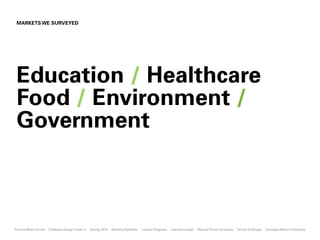 MARKETS WE SURVEYED




 Education / Healthcare
 Food / Environment /
 Government



Service Meets Social   Graduate Design Studio II   Spring 2010   Barbora Batokova   Lauren Chapman   Jeanette Leagh   Marcus Perez Cervantes   School of Design   Carnegie Mellon University
 