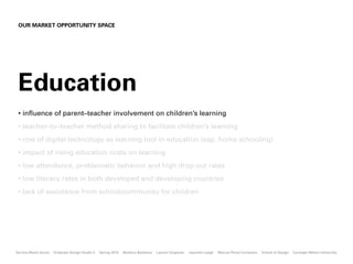 OUR MARKET OPPORTUNITY SPACE




 Education
 • influence of parent–teacher involvement on children’s learning
 • teacher–to–teacher method sharing to facilitate children’s learning
 • role of digital technology as learning tool in education (esp. home schooling)
 • impact of rising education costs on learning
 • low attendance, problematic behavior and high drop-out rates
 • low literacy rates in both developed and developing countries
 • lack of assistance from school/community for children




Service Meets Social   Graduate Design Studio II   Spring 2010   Barbora Batokova   Lauren Chapman   Jeanette Leagh   Marcus Perez Cervantes   School of Design   Carnegie Mellon University
 