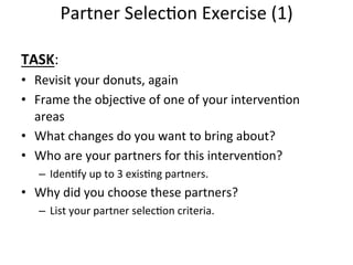 Partner	
  SelecHon	
  Exercise	
  (1)	
  	
  
	
  
TASK:	
  	
  	
  
•  Revisit	
  your	
  donuts,	
  again	
  	
  
•  Frame	
  the	
  objecHve	
  of	
  one	
  of	
  your	
  intervenHon	
  
areas	
  
•  What	
  changes	
  do	
  you	
  want	
  to	
  bring	
  about?	
  
•  Who	
  are	
  your	
  partners	
  for	
  this	
  intervenHon?	
  	
  
–  IdenHfy	
  up	
  to	
  3	
  exisHng	
  partners.	
  

•  Why	
  did	
  you	
  choose	
  these	
  partners?	
  
–  List	
  your	
  partner	
  selecHon	
  criteria.	
  
	
  

	
  

 