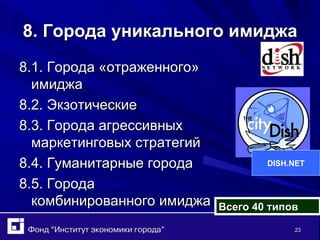 8. Города уникального имиджа 8.1. Города «отраженного» имиджа 8.2. Экзотические 8.3. Города агрессивных маркетинговых стратегий 8.4. Гуманитарные города 8.5. Города комбинированного имиджа Всего 40 типов DISH.NET 