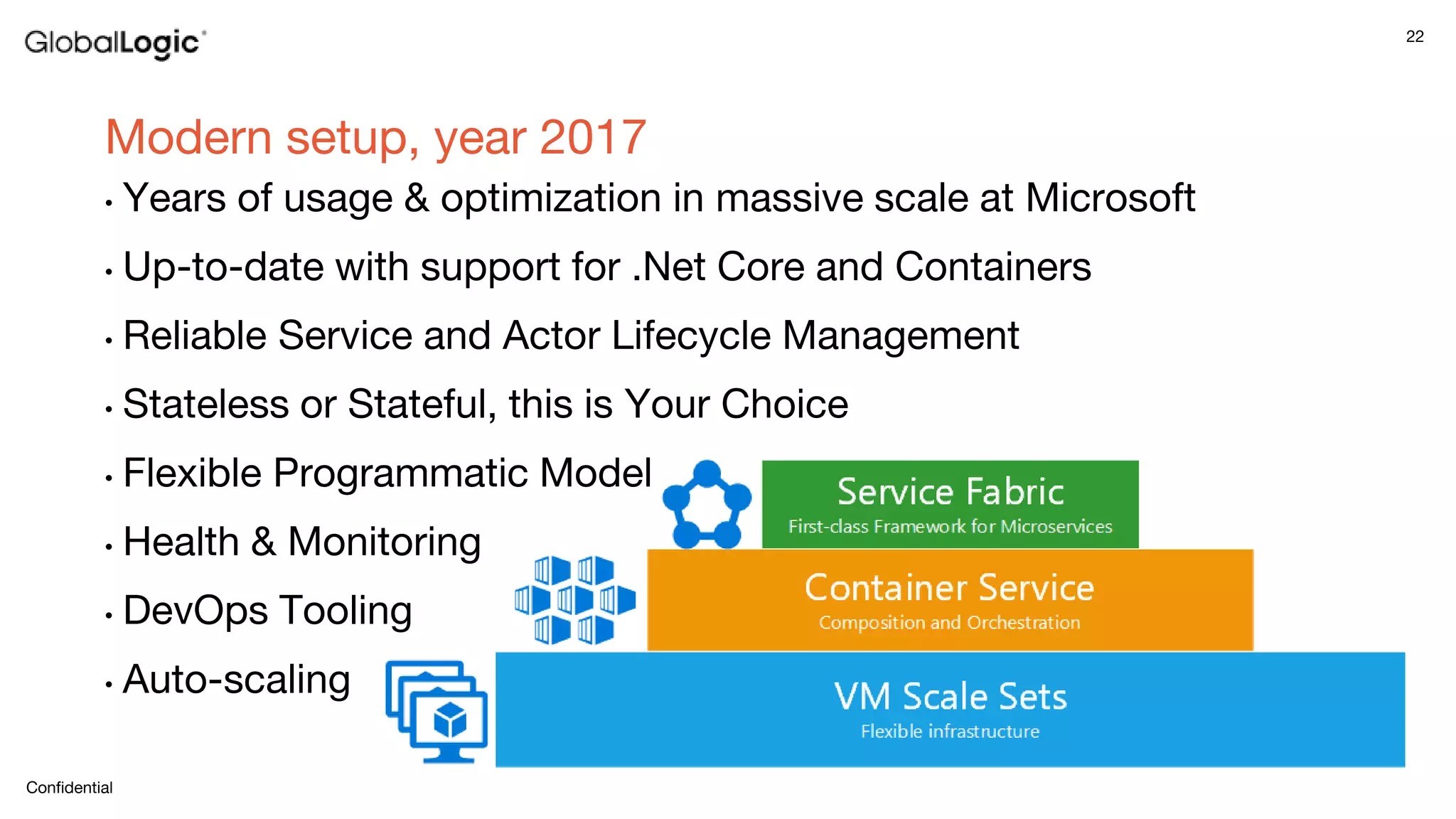 22
Confidential
Modern setup, year 2017
• Years of usage & optimization in massive scale at Microsoft
• Up-to-date with support for .Net Core and Containers
• Reliable Service and Actor Lifecycle Management
• Stateless or Stateful, this is Your Choice
• Flexible Programmatic Model
• Health & Monitoring
• DevOps Tooling
• Auto-scaling
 