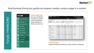 Função:VENDASFunção:FINANCEIROTotal Controle Financeiro: gestão de compras, vendas, contas a pagar e a receber
MENU FINANCEIRO
No menu do Módulo
Financeiro o usuário
encontra botões de
ações rápidas para
facilitar seu dia a dia
FLUXO DE CAIXA
Relatório detalhado dividido por Saldo / Receitas / Despesas
 
