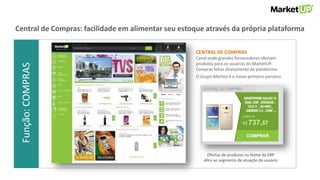 Função:VENDASFunção:COMPRAS
CENTRAL DE COMPRAS
Canal onde grandes fornecedores ofertam
produtos para os usuários do MarketUP.
Compras feitas diretamente da plataforma.
O Grupo Martins é o nosso primeiro parceiro.
Ofertas de produtos na Home da ERP
afins ao segmento de atuação do usuário
Central de Compras: facilidade em alimentar seu estoque através da própria plataforma
 