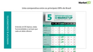 Função:VENDASMARKETUP&CONCORRENTES
Entenda em 05 tópicos, todas
funcionalidades e serviços que
cada um deles oferece
Lista comparativa entre os principais ERPs do Brasil
 