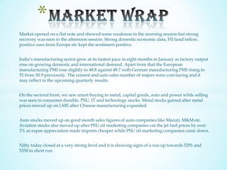 *
Market opened on a flat note and showed some weakness in the morning session but strong
recovery was seen in the afternoon session. Strong domestic economic data, FII fund inflow,
positive cues from Europe etc kept the sentiment positive.


India’s manufacturing sector grew at its fastest pace in eight months in January as factory output
rose on growing domestic and international demand. Apart from that the European
manufacturing PMI rose slightly to 48.8 against 48.7 with German manufacturing PMI rising to
51 from 50.9 previously. The cement and auto sales number of majors were convincing and it
may reflect in the upcoming quarterly results.


On the sectoral front, we saw smart buying in metal, capital goods, auto and power while selling
was seen in consumer durable, PSU, IT and technology stocks. Metal stocks gained after metal
prices moved up on LME after Chinese manufacturing expanded.


Auto stocks moved up on good month sales figures of auto companies like Maruti, M&M etc.
Aviation stocks also moved up after PSU oil marketing companies cut the jet fuel prices by over
3% as rupee appreciation made imports cheaper while PSU oil marketing companies came down.


Nifty today closed at a very strong level and it is showing signs of a run up towards 5291 and
5350 in short run.
 