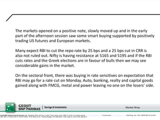 The markets opened on a positive note, slowly moved up and in the early
                        part of the afternoon session saw some smart buying supported by positively
                        trading US futures and European markets.

                        Many expect RBI to cut the repo rate by 25 bps and a 25 bps cut in CRR is
                        also not ruled out. Nifty is having resistance at 5165 and 5195 and if the RBI
                        cuts rates and the Greek elections are in favour of bulls then we may see
                        considerable gains in the market.

                        On the sectoral front, there was buying in rate sensitives on expectation that
                        RBI may go for a rate cut on Monday. Auto, banking, realty and capital goods
                        gained along with FMCG, metal and power leaving no one on the losers side.



                                                                                                                                                                                                          Market Wrap

Geojit BNP Paribas Financial Services Ltd., Registered Office: 5th Floor, Finance Tower, Kaloor, Kochi -682017, Kerala. For investor queries: customercare@geojit.com, For grievances: grievances@geojit.com | SEBI Regn. Nos.: NSE: INB/INF/INE 231337230 I
BSE: INB 011337236 & INF 011337237 INSDL: IN-DP-NSDL-24-97 I Portfolio Manager: INP 000003203 I CDSL Regn no: IN-DP-CDSL-648-2012
 