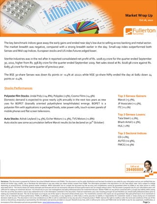 Disclaimer: This document is prepared by Fullerton Securities & Wealth Advisors Ltd (FSWA). This document is not for public distribution and has been furnished to you solely for your information and you are notified that you
should not further copy, modify, use or distribute the information in any way unless you obtain written consent from FSWA. The information provided in the document is on the "best effort" basis and is subject to change
depending on several factors, including general market conditions. While reasonable care to compile the document but the accuracy and completeness cannot be guaranteed either by FSWA or any other person or entity
associated with it. The returns shown are merely estimates and forecasts and are not necessarily indicative of future performance and can change without notice. The document is prepared only for your information and is not
sufficient for making an investment decision. You should rely on your own investigations and seek professional advice for investment decision. Neither FSWA nor any person connected with it, accepts any liability either arising
from the use of this document or due to any inadvertent error in the information contained in this document. Financial investments carry risks including principal risk and therefore you should seek professional advice prior to
making any investment decision. The risk of any losses occurring by use of this report or document will be entirely yours. The investments covered in this report are not guaranteed. Also past performance of an investment or
fund is not an indication of future performance. FSWA, its affiliates, or associates, or any regulatory or other body or entity assumes no liability or responsibility for investment results or losses arising out of investment
decisions made by you. This document is not to be considered as an offer to sell or a solicitation to buy any security or financial product. FSWA reserves the right to modify or alter the terms and conditions of the use of this
service or discontinue, temporarily or permanently, the information and services provided (or any part thereof) at any time, with or without prior notice and FSWA shall not be liable to you for any suspension, modification, or
termination of the information and services provided herein. www.fullertonsecurities.co.in Page | 1
Market Wrap Up
Oct 26, 2010
The key benchmark indices gave away the early gains and ended near day’s low due to selling across banking and metal sector.
The market breadth was negative, compared with a strong breadth earlier in the day. Small-cap index outperformed both
Sensex and Mid-cap Indices. European stocks and US index futures edged lower.
Sterlite Industries was in the red after it reported consolidated net profit of Rs. 1008.03 crore for the quarter ended September
30, 2010, higher from Rs. 958.85 crore for the quarter ended September 2009. Net sales stood at Rs. 6028.98 crore against Rs.
6085.46 crore for the same quarter of previous year.
The BSE 30-share Sensex was down 82 points or -0.4% at 20221 while NSE 50-share Nifty ended the day at 6082 down 24
points or -0.4%.
Stocks Performances
Polyester film Stocks: Jindal Poly (+14.8%), Polyplex (+5%), Cosmo Films (+4.9%)
Domestic demand is expected to grow nearly 25% annually in the next two years as new
uses for BOPET (biaxially oriented polyethylene terephthalate) emerge. BOPET is a
polyester film with applications in packaged foods, solar power cells, touch-screen panels of
mobile phones and flat screen televisions.
Auto Stocks: Ashok Leyland (+4.5%), Eicher Motors (+2.3%), TVS Motors (+1.8%)
Auto stocks saw some accumulation before Maruti results (to be declared on 30th
October)
Top 3 Sensex Gainers:
Maruti (+3.7%),
JP Associate (+1.5%),
ITC (+1.1%)
Top 3 Sensex Losers:
Tata Steel (-2.7%),
Bharti Airtel (-2.5%),
HUL (-2%)
Top 3 Sectoral Indices:
CD (+2%),
AUTO (+0.9%),
FMCG (+0.5%)
 