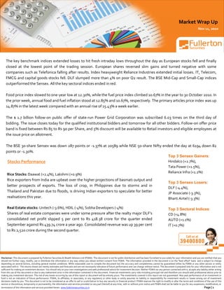 Disclaimer: This document is prepared by Fullerton Securities & Wealth Advisors Ltd (FSWA). This document is not for public distribution and has been furnished to you solely for your information and you are notified that you
should not further copy, modify, use or distribute the information in any way unless you obtain written consent from FSWA. The information provided in the document is on the "best effort" basis and is subject to change
depending on several factors, including general market conditions. While reasonable care to compile the document but the accuracy and completeness cannot be guaranteed either by FSWA or any other person or entity
associated with it. The returns shown are merely estimates and forecasts and are not necessarily indicative of future performance and can change without notice. The document is prepared only for your information and is not
sufficient for making an investment decision. You should rely on your own investigations and seek professional advice for investment decision. Neither FSWA nor any person connected with it, accepts any liability either arising
from the use of this document or due to any inadvertent error in the information contained in this document. Financial investments carry risks including principal risk and therefore you should seek professional advice prior to
making any investment decision. The risk of any losses occurring by use of this report or document will be entirely yours. The investments covered in this report are not guaranteed. Also past performance of an investment or
fund is not an indication of future performance. FSWA, its affiliates, or associates, or any regulatory or other body or entity assumes no liability or responsibility for investment results or losses arising out of investment
decisions made by you. This document is not to be considered as an offer to sell or a solicitation to buy any security or financial product. FSWA reserves the right to modify or alter the terms and conditions of the use of this
service or discontinue, temporarily or permanently, the information and services provided (or any part thereof) at any time, with or without prior notice and FSWA shall not be liable to you for any suspension, modification, or
termination of the information and services provided herein. www.fullertonsecurities.co.in Page | 1
Market Wrap Up
Nov 11, 2010
The key benchmark indices extended losses to hit fresh intraday lows throughout the day as European stocks fell and finally
closed at the lowest point of the trading session. European shares reversed slim gains and turned negative with some
companies such as Telefonica falling after results. Index heavyweight Reliance Industries extended initial losses. IT, Telecom,
FMCG and capital goods stocks fell. DLF slumped more than 4% on poor Q2 result. The BSE Mid-Cap and Small-Cap indices
outperformed the Sensex. All the key sectoral indices ended in red.
Food price index slowed to one-year low at 12.30%, while the fuel price index climbed 10.67% in the year to 30 October 2010. In
the prior week, annual food and fuel inflation stood at 12.85% and 10.67%, respectively. The primary articles price index was up
14.87% in the latest week compared with an annual rise of 15.43% a week earlier.
The $ 1.7 billion follow-on public offer of state-run Power Grid Corporation was subscribed 6.03 times on the third day of
bidding. The issue closes today for the qualified institutional bidders and tomorrow for all other bidders. Follow-on offer price
band is fixed between Rs 85 to Rs 90 per Share, and 5% discount will be available to Retail investors and eligible employees at
the issue price on allotment.
The BSE 30-share Sensex was down 287 points or -1.37% at 20589 while NSE 50-share Nifty ended the day at 6194 down 82
points or -1.30%.
Stocks Performance
Rice Stocks: Daawat (+2.4%), Lakshmi (+0.9%)
Rice exporters from India are upbeat over the higher projections of basmati output and
better prospects of exports. The loss of crop, in Philippines due to storms and in
Thailand and Pakistan due to floods, is driving Indian exporters to speculate for better
realisations this year.
Real Estate stocks: Unitech (-3.6%), HDIL (-4%), Sobha Developers (-4%)
Shares of real estate companies were under some pressure after the realty major DLF’s
consolidated net profit slipped 5 per cent to Rs 418.38 crore for the quarter ended
September against Rs 439.74 crore a year ago. Consolidated revenue was up 39 per cent
to Rs 2,520 crore during the second quarter.
Top 3 Sensex Gainers:
Hindalco (+2.7%),
Tata Power (+1.5%),
Reliance Infra (+1.2%)
Top 3 Sensex Losers:
DLF (-4.4%),
JP Associate (-3.3%),
Bharti Airtel (-3.3%)
Top 3 Sectoral Indices:
CD (+4.8%)
AUTO (+1.1%)
IT (+0.7%)
 