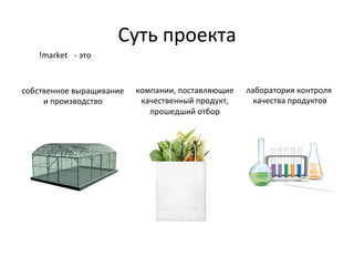 Суть	
  проекта	
  
!market 	
  -­‐	
  это	
  
	
  
собственное	
  выращивание	
  	
   компании,	
  поставляющие	
  	
   лаборатория	
  контроля	
  
	
  качества	
  продуктов	
  
качественный	
  продукт,	
  	
  
и	
  производство	
  	
  
прошедший	
  отбор	
  	
  

 