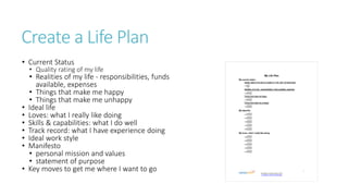 Create a Life Plan
• Current Status
• Quality rating of my life
• Realities of my life - responsibilities, funds
available, expenses
• Things that make me happy
• Things that make me unhappy
• Ideal life
• Loves: what I really like doing
• Skills & capabilities: what I do well
• Track record: what I have experience doing
• Ideal work style
• Manifesto
• personal mission and values
• statement of purpose
• Key moves to get me where I want to go
 