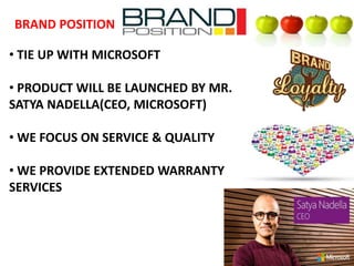 BRAND POSITION
• TIE UP WITH MICROSOFT
• PRODUCT WILL BE LAUNCHED BY MR.
SATYA NADELLA(CEO, MICROSOFT)
• WE FOCUS ON SERVICE & QUALITY
• WE PROVIDE EXTENDED WARRANTY
SERVICES
 