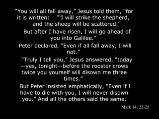 “You will all fall away,” Jesus told them, “for
 it is written: “‘I will strike the shepherd,
        and the sheep will be scattered.’
     But after I have risen, I will go ahead of
                you into Galilee.”
  Peter declared, “Even if all fall away, I will
                       not.”
    “Truly I tell you,” Jesus answered, “today
   —yes, tonight—before the rooster crows
    twice you yourself will disown me three
                     times.”
   But Peter insisted emphatically, “Even if I
   have to die with you, I will never disown
    you.” And all the others said the same.
                                           Mark 14: 22-25
 