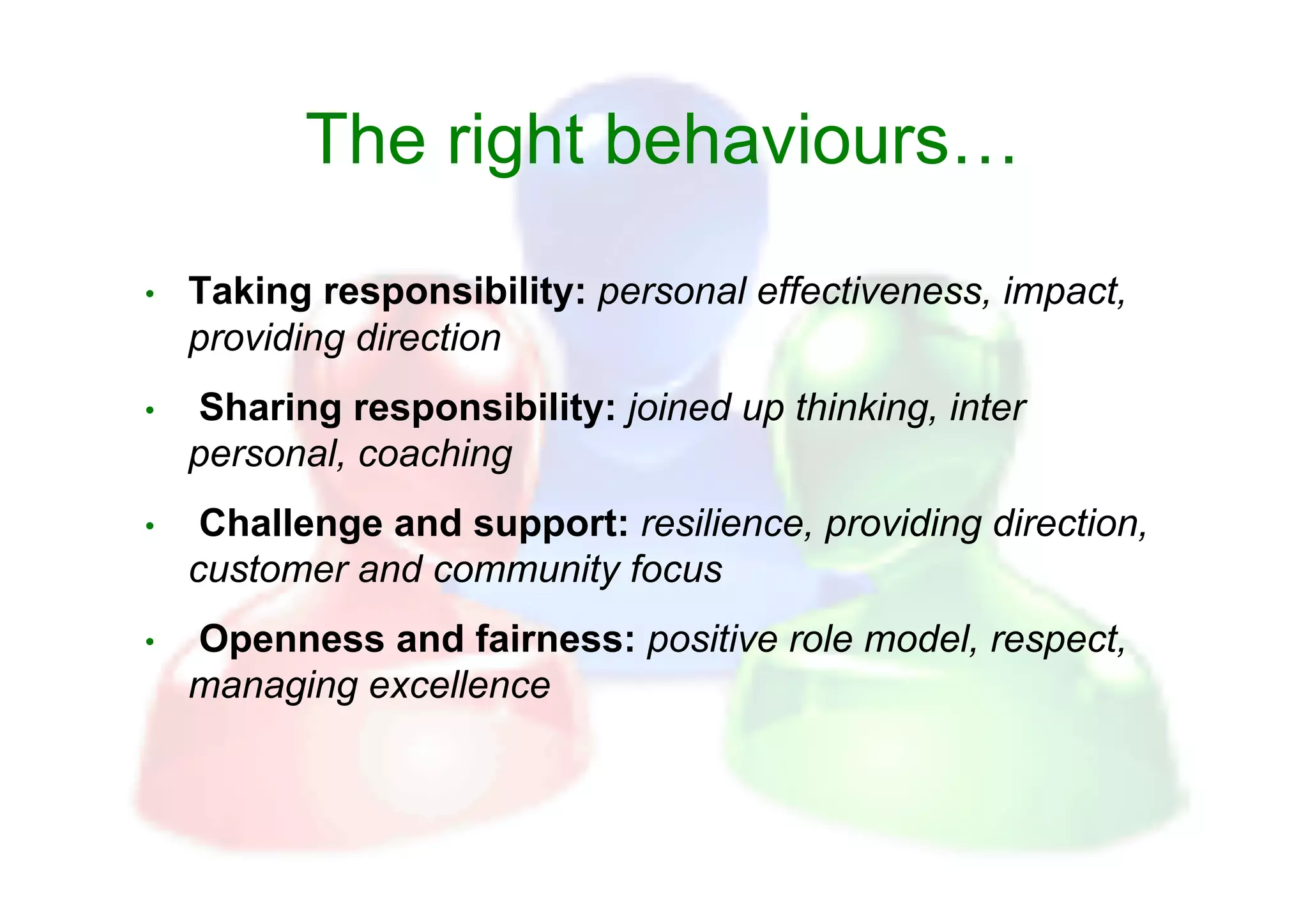 The right behaviours…
•    Taking responsibility: personal effectiveness, impact,
     providing direction
•     Sharing responsibility: joined up thinking, inter
     personal, coaching
•     Challenge and support: resilience, providing direction,
     customer and community focus
•    Openness and fairness: positive role model, respect,
     managing excellence
 