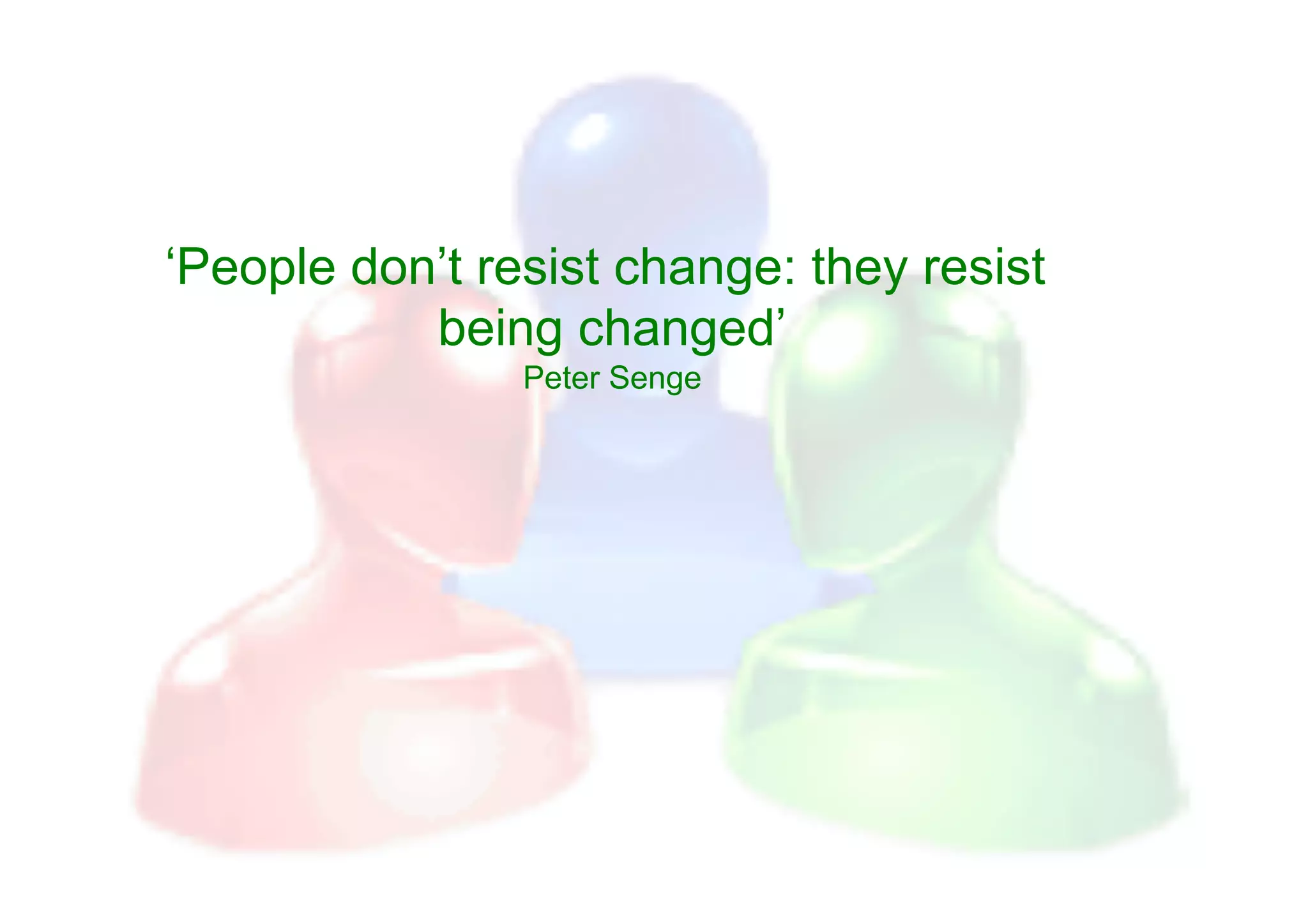 ‘People don’t resist change: they resist
           being changed’
                Peter Senge
 