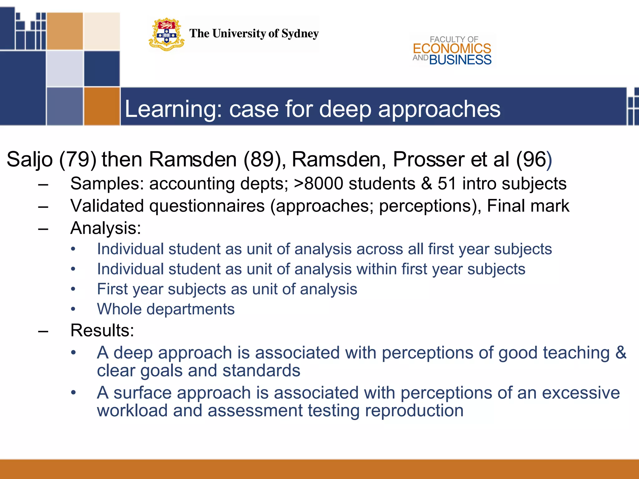 Learning: case for deep approaches Saljo (79) then Ramsden (89), Ramsden, Prosser et al (96 ) Samples: accounting depts; >8000 students & 51 intro subjects  Validated questionnaires (approaches; perceptions), Final mark Analysis:  Individual student as unit of analysis across all first year subjects Individual student as unit of analysis within first year subjects First year subjects as unit of analysis Whole departments Results: A deep approach is associated with perceptions of good teaching & clear goals and standards  A surface approach is associated with perceptions of an excessive workload and assessment testing reproduction 