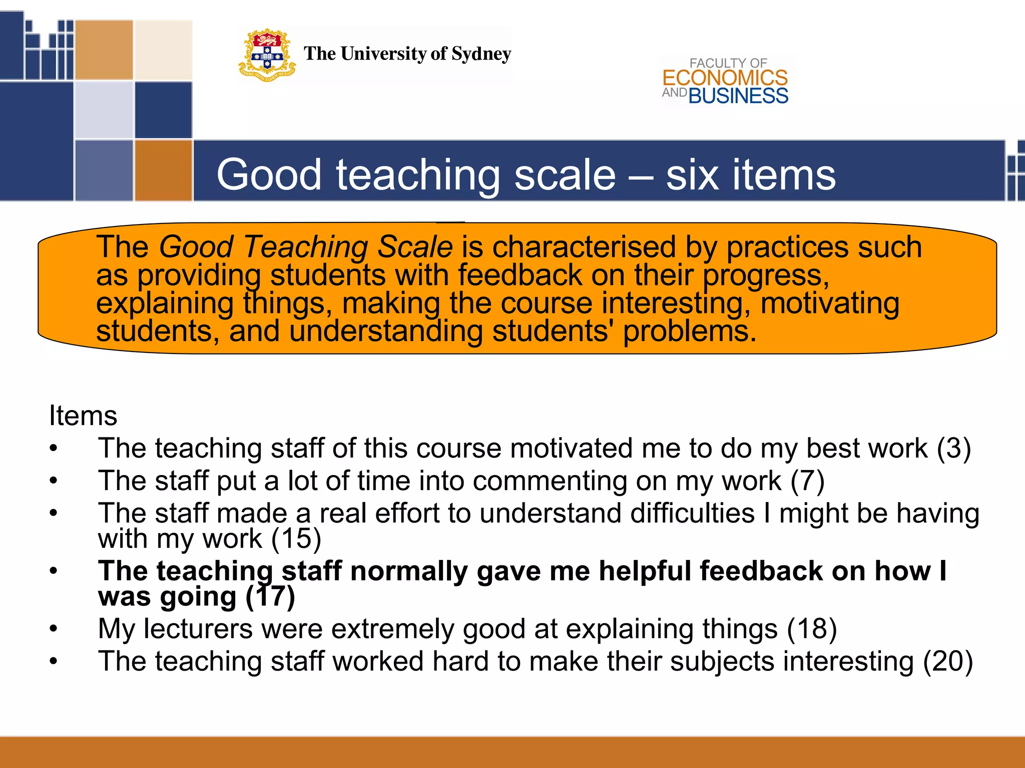 Good teaching scale – six items Items The teaching staff of this course motivated me to do my best work (3) The staff put a lot of time into commenting on my work (7) The staff made a real effort to understand difficulties I might be having with my work (15) The teaching staff normally gave me helpful feedback on how I was going (17) My lecturers were extremely good at explaining things (18) The teaching staff worked hard to make their subjects interesting (20) The  Good Teaching Scale  is characterised by practices such as providing students with feedback on their progress, explaining things, making the course interesting, motivating students, and understanding students' problems. 