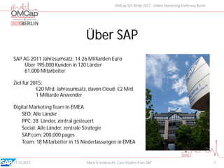 OMCap SES Berlin 2012 - Online Marketing Konferenz Berlin




                                Über SAP
SAP AG 2011 Jahresumsatz: 14.26 Milliarden Euro
    Über 195,000 Kunden in 120 Länder
    61.000 Mitarbeiter

Ziel für 2015:
           €20 Mrd. Jahresumsatz, davon Cloud: €2 Mrd.
           1 Milliarde Anwender

Digital Marketing Team in EMEA
    SEO: Alle Länder
    PPC: 28 Länder, zentral gesteuert
    Social: Alle Länder, zentrale Strategie
    SAP.com: 200,000 pages
    Team: 18 Mitarbeiter in 15 Niederlassungen in EMEA


11.10.2012                      Mark Frischknecht, Case Studies from SAP                                     3
 